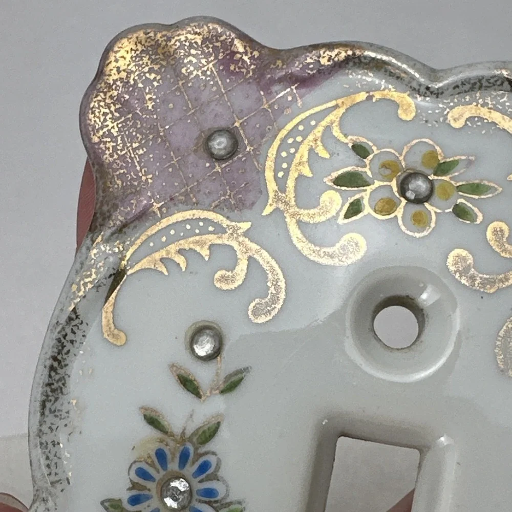 Vintage Lefton's Floral Rhinestones Porcelain Light Switch Plate Cover Pink 2685